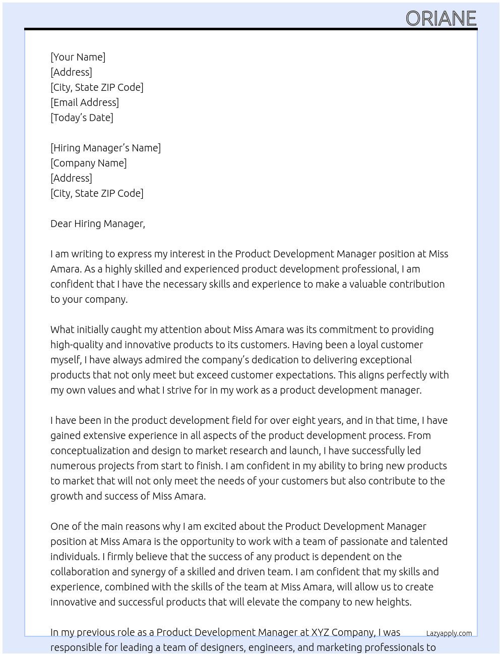 Product Development Manager At Miss Amara Cover Letter