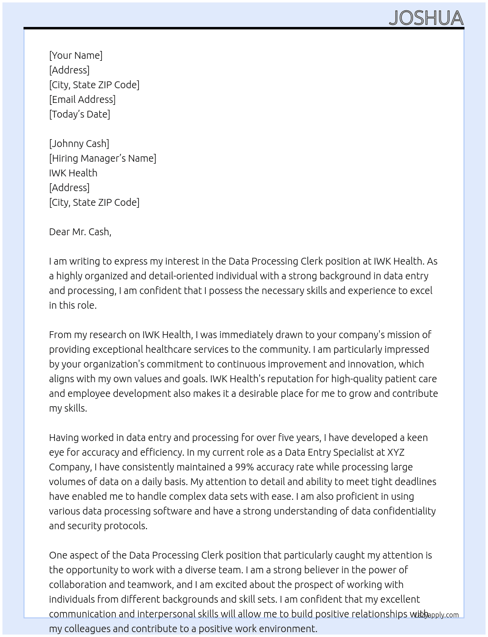 Data processing clerk At IWK Health Cover Letter