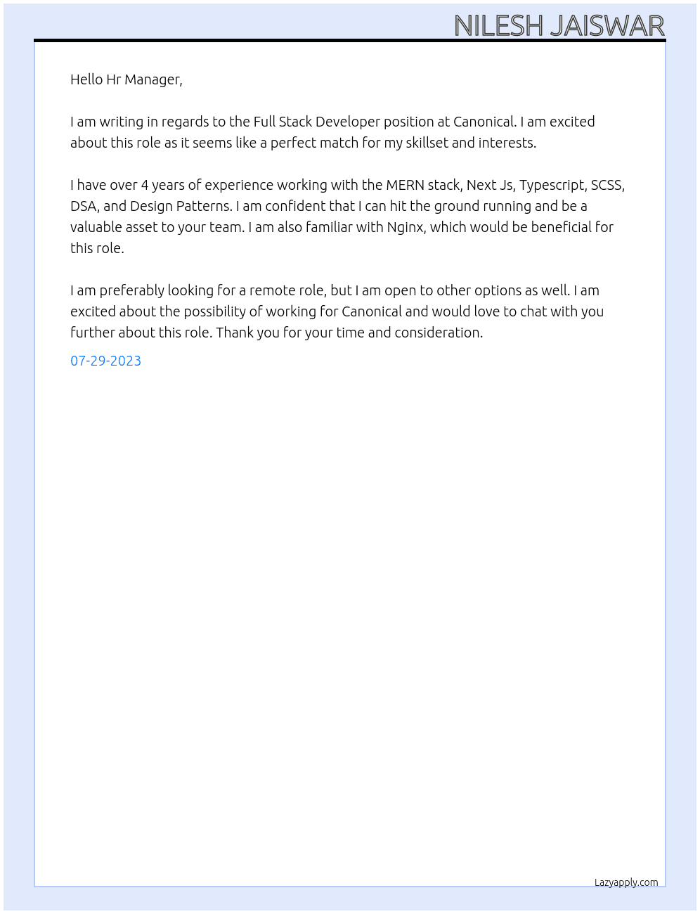 Full Stack Developer At Canonical Cover Letter
