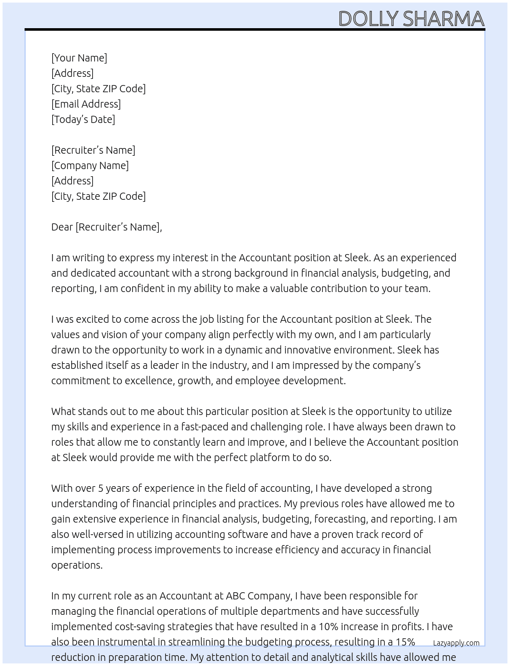 Accountant  At Sleek Cover Letter