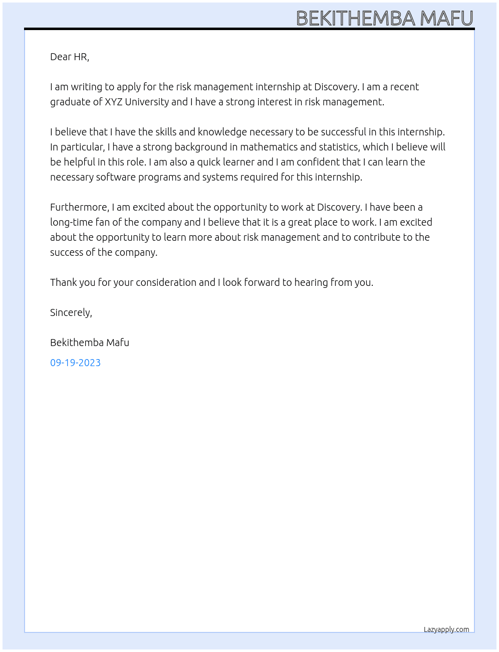 Risk management internship  At Discovery  Cover Letter