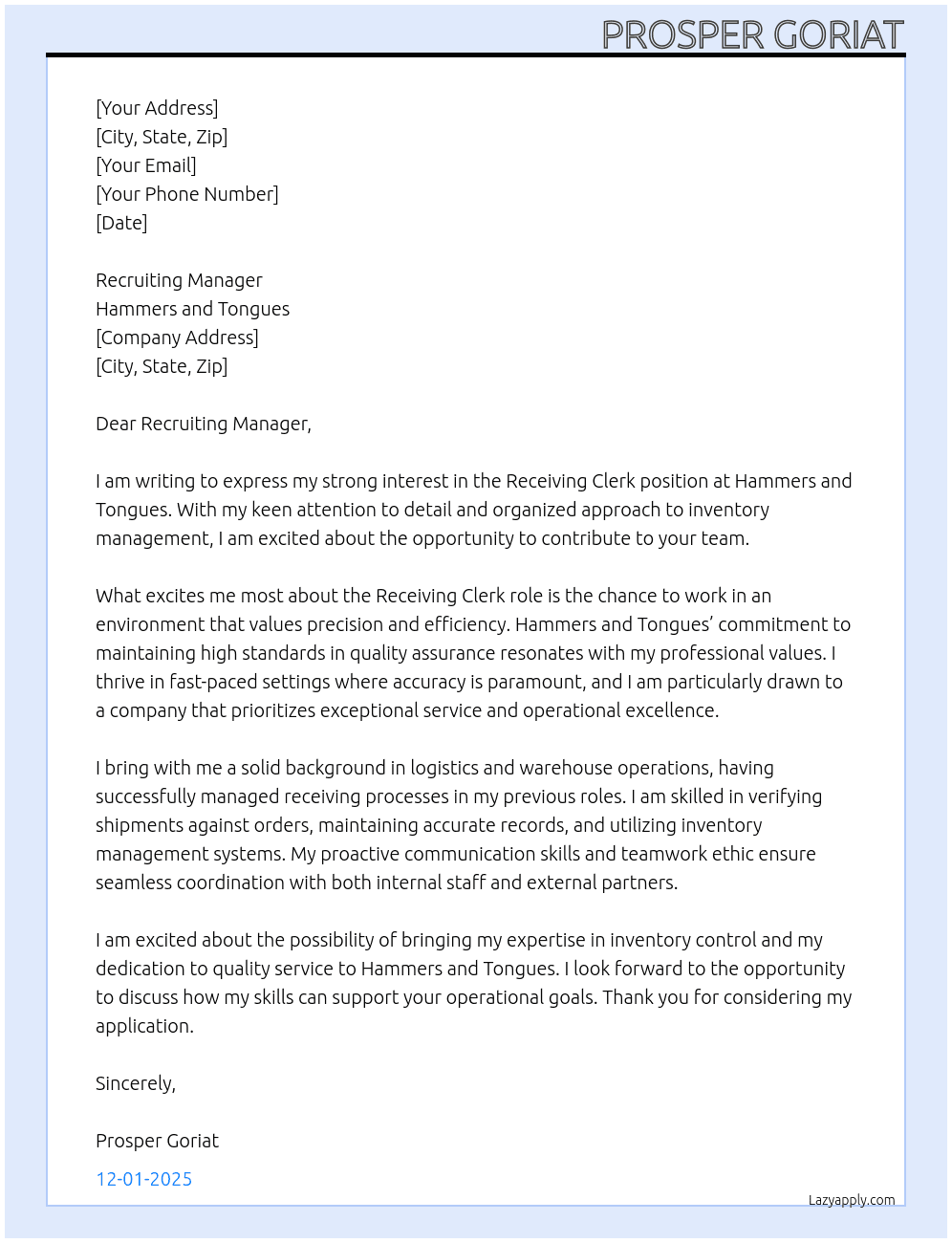 Cover letter for receiving clerk - LazyApply