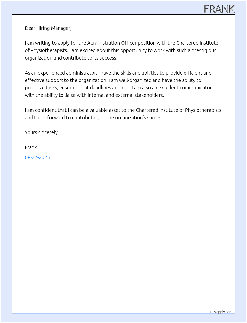 Administration Officer At Chartered Institute of Physiotherapists Cover Letter