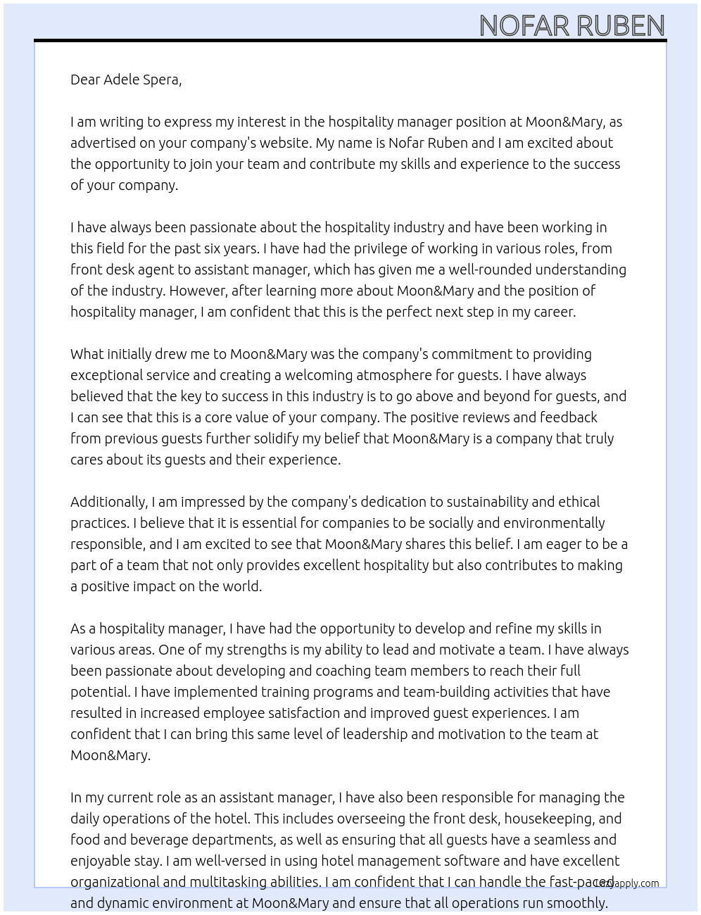 hospitality manager At moon&mary Cover Letter