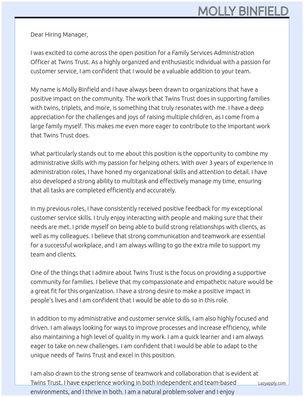 Family Services Administration Officer At Twins Trust Cover Letter