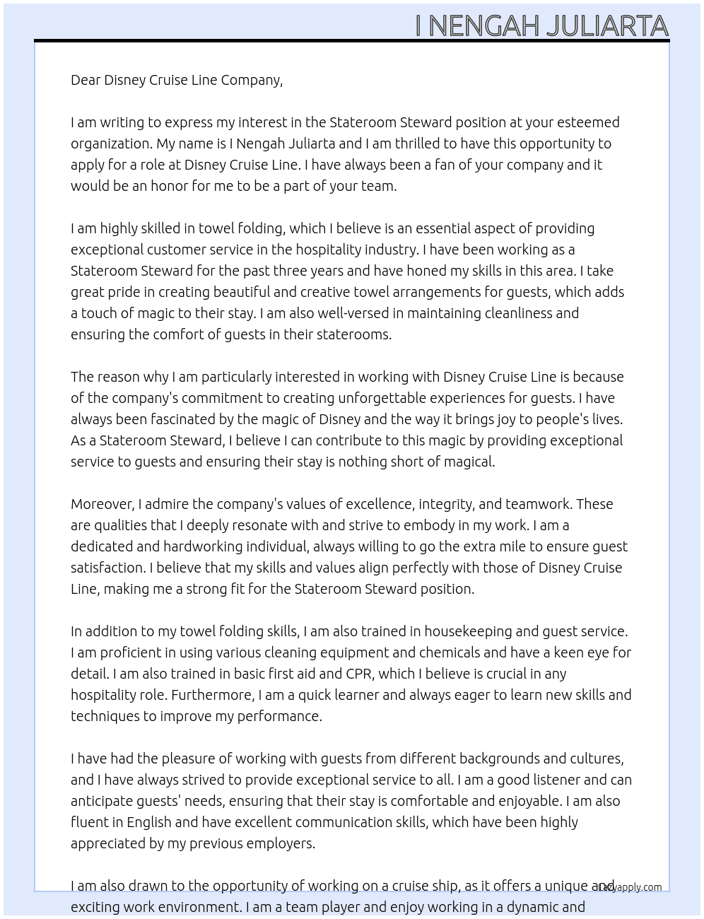 Stateroom steward  At Disney Cruise Line  Cover Letter