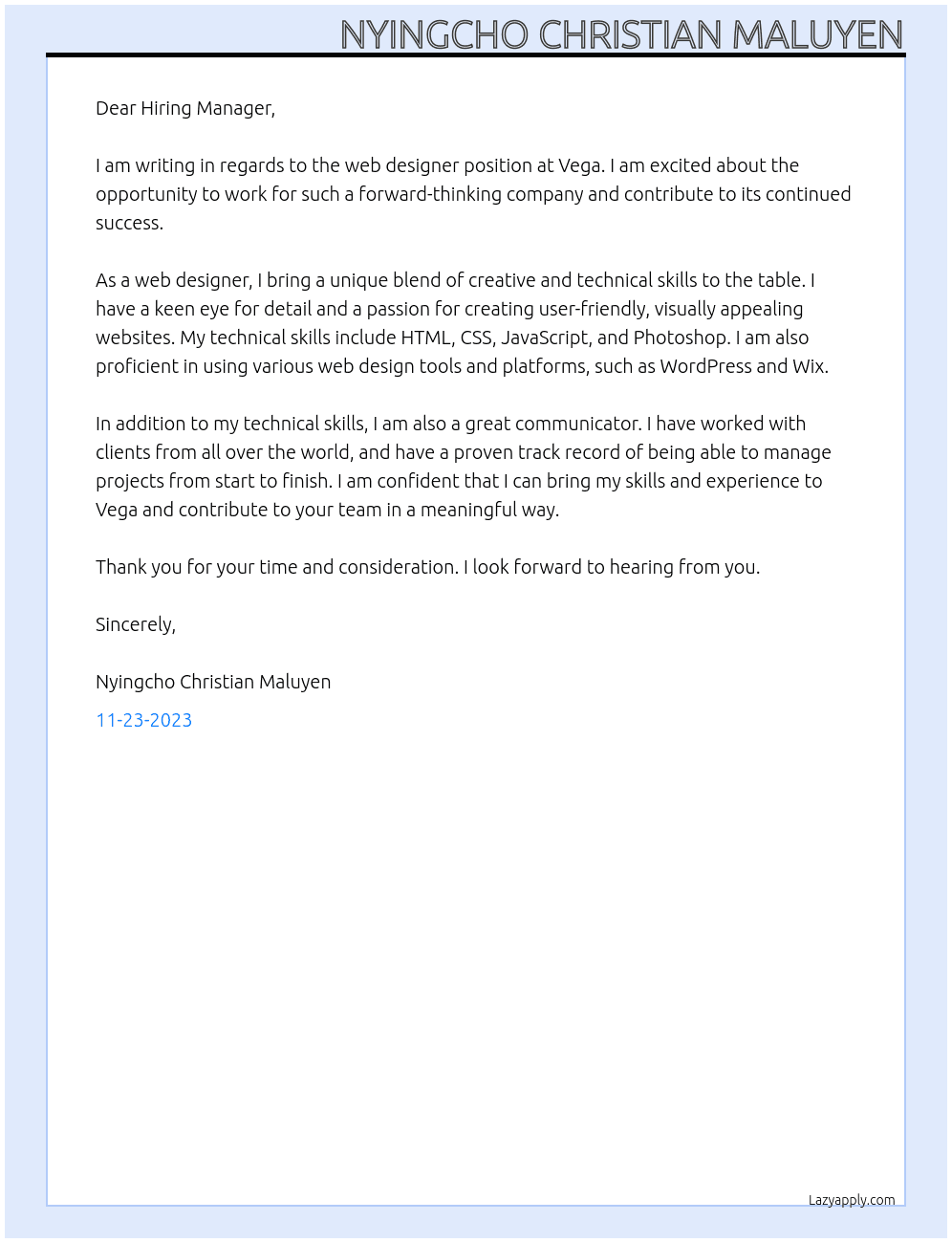 web designer At vega Cover Letter