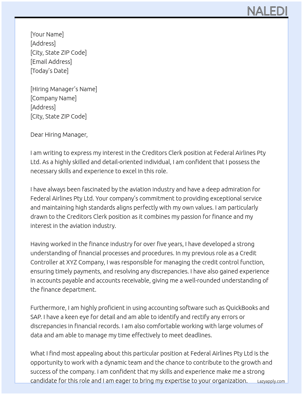 creditors cLERK At Federal Airlines Pty Ltd Cover Letter