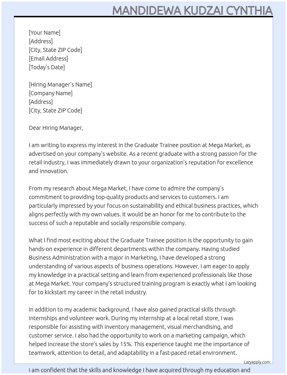 Graduate trainee At Mega Market Cover Letter