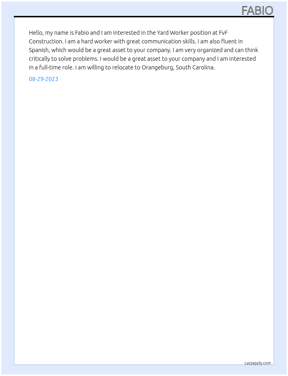 Yard Worker At FvF Construction Cover Letter