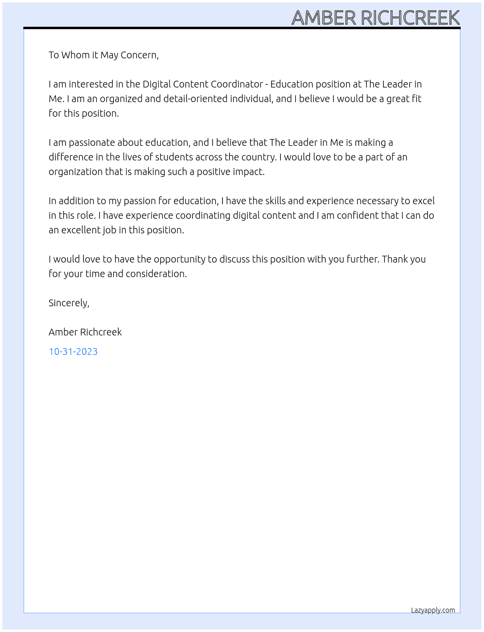 Digital Content Coordinator - Education At The Leader in Me Cover Letter
