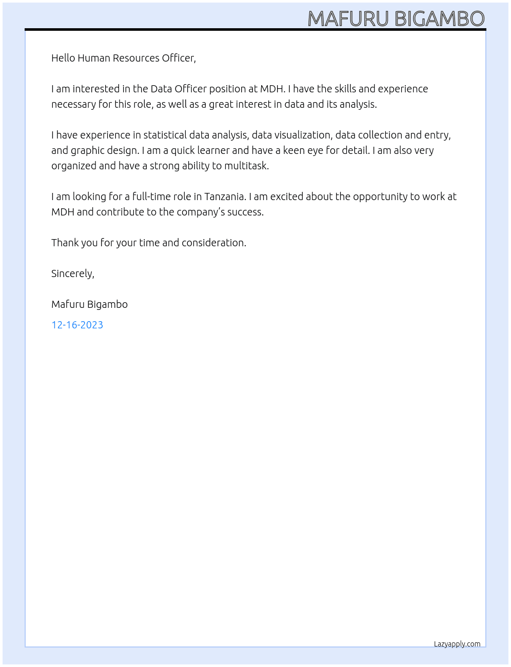Data officer At MDH Cover Letter