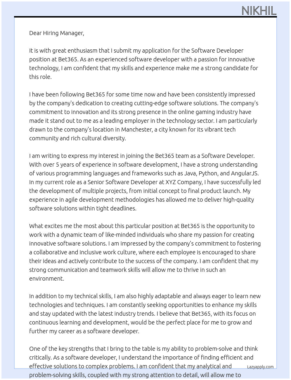 software developer At Bet365 Cover Letter