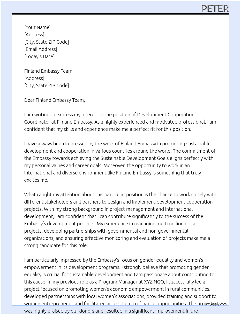 Development Cooperation Coordinator At Finland Embassy Cover Letter
