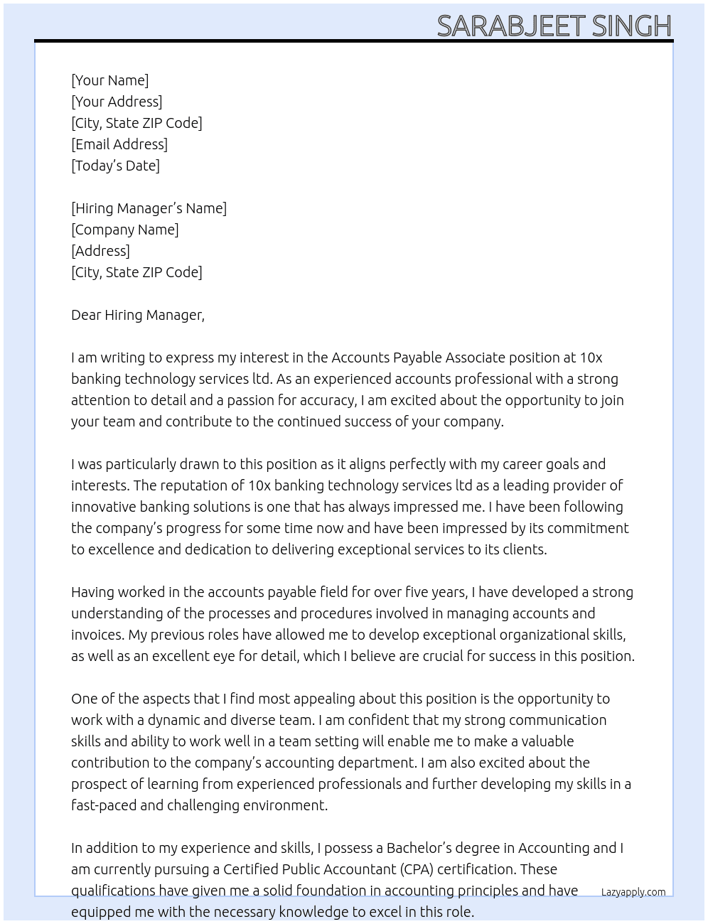 Accounts Payable Assosiate At 10x banking technology services ltd Cover Letter
