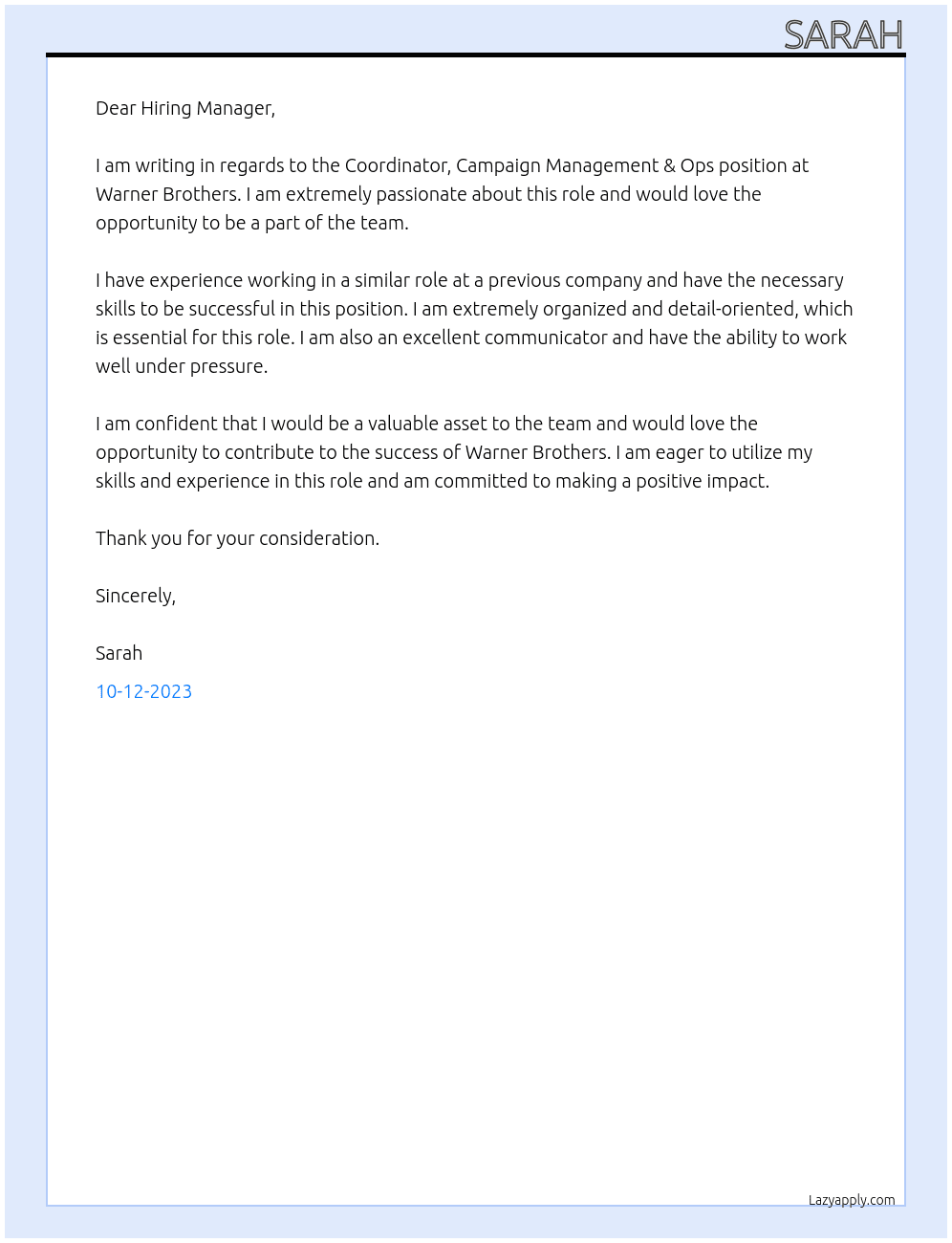  Coordinator, Campaign Management & Ops At Warner Brothers  Cover Letter
