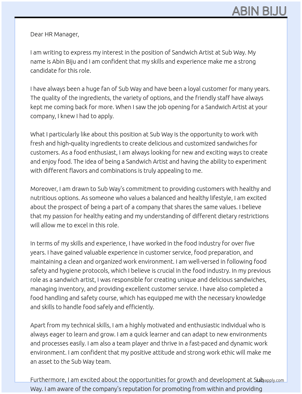 Sandwich Artist At sub way Cover Letter