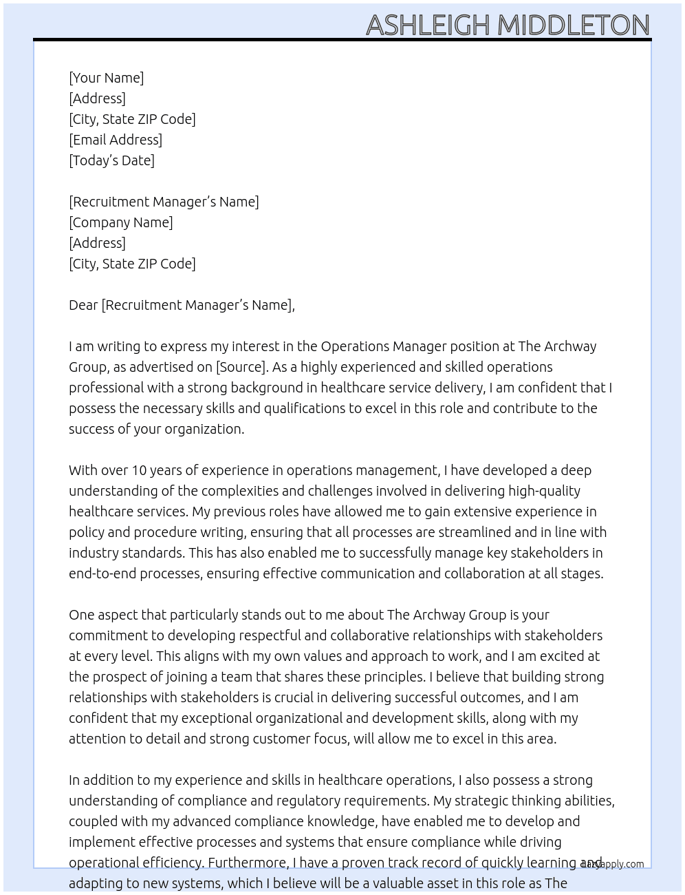 Operations Manager At The Archway Group Cover Letter