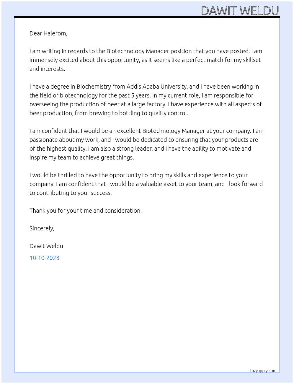 Biotechnology At Raya beer factory Cover Letter