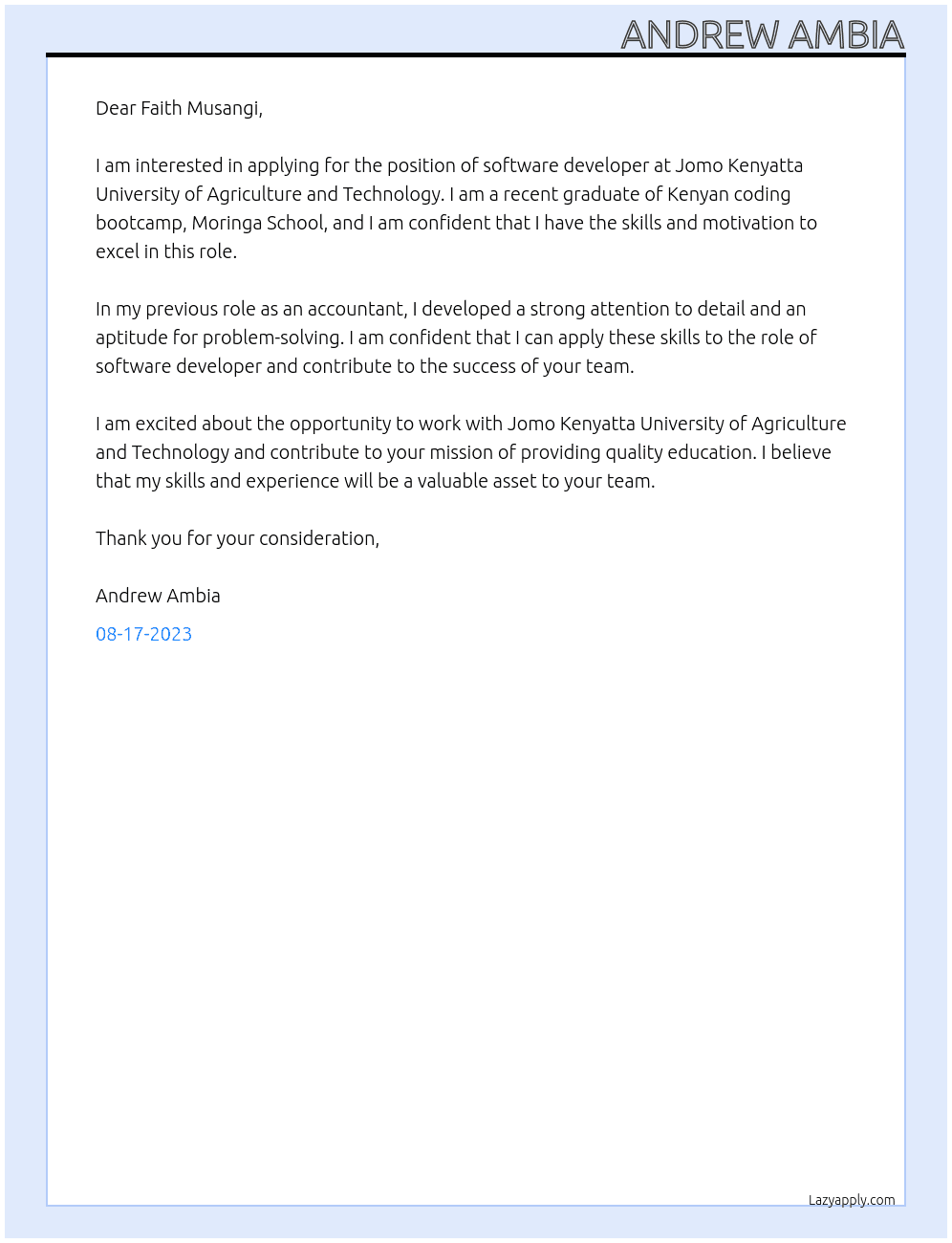 software developer At Jomo Kenyatta University of Agriculture and Technology Cover Letter