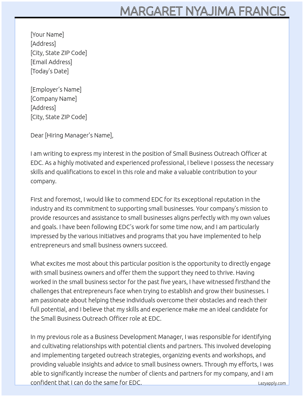 small business outreach officer  At EDC Cover Letter