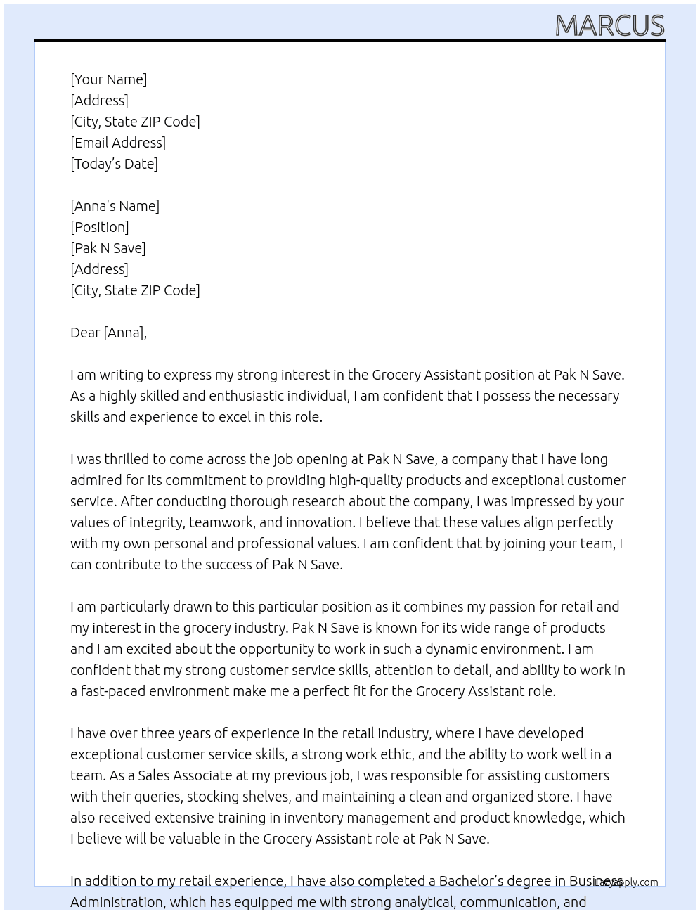 Grocery Assistant At pak n save Cover Letter