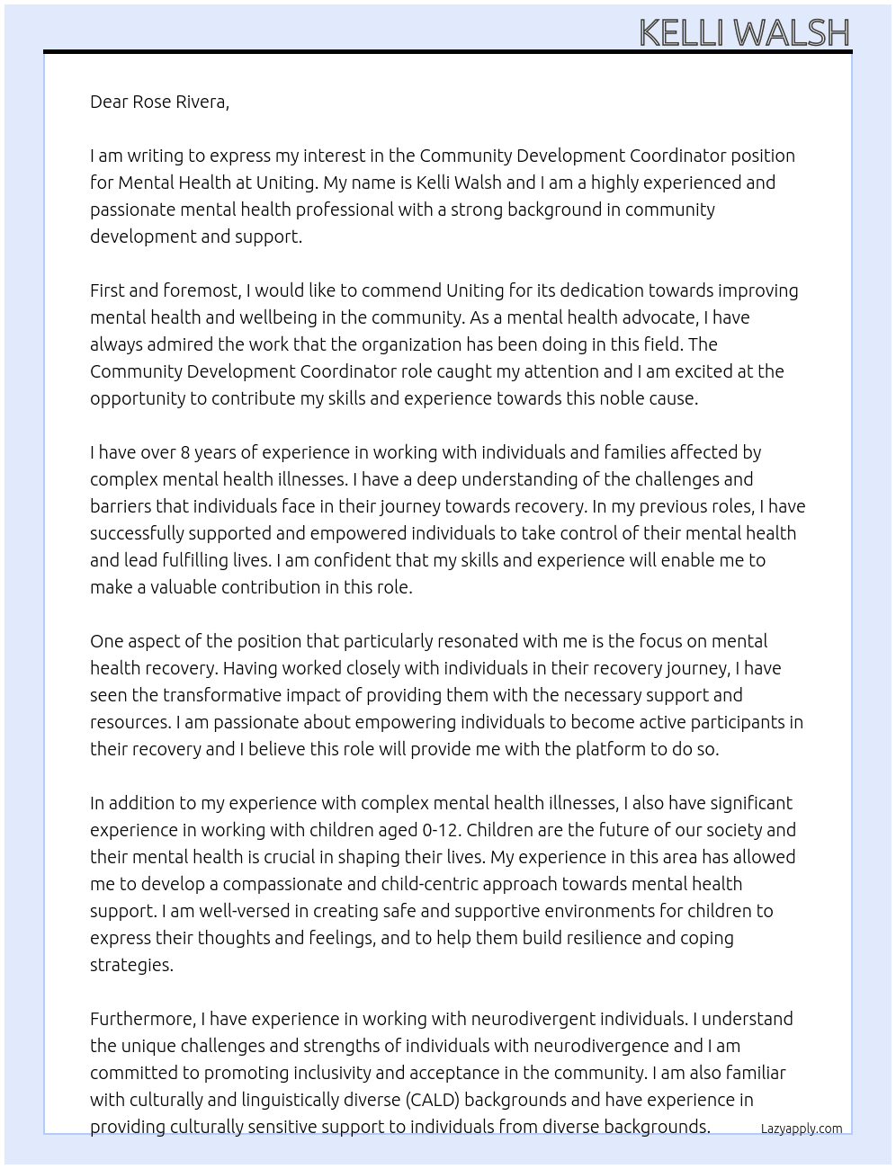 Community Development Coordinator - mental health At Uniting Cover Letter