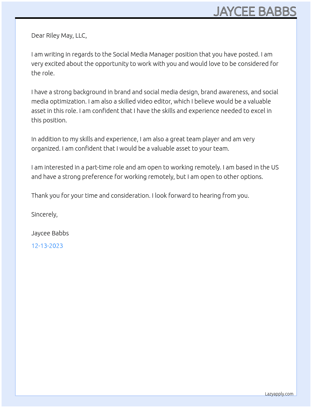 Social Media Manager At Riley May, LLC Cover Letter