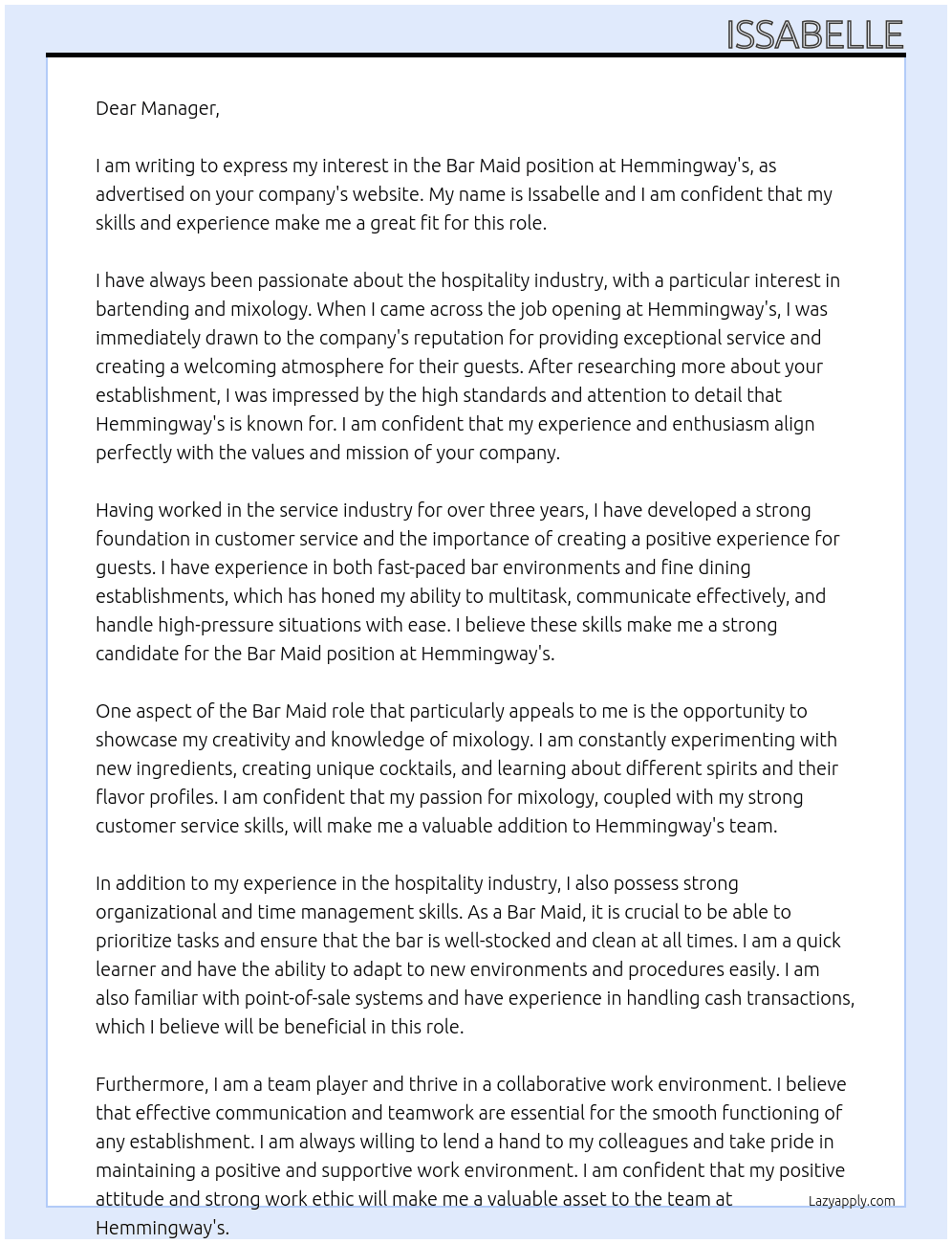 Bar Maid At Hemmingway's  Cover Letter