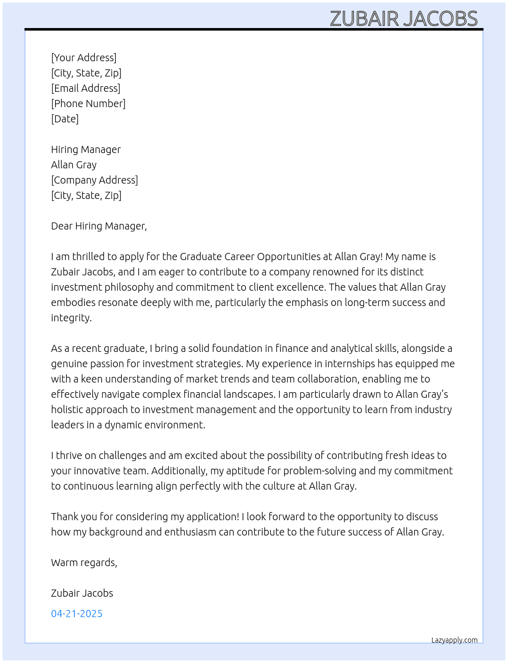 Graduate career opportunities  At Allan Gray Cover Letter