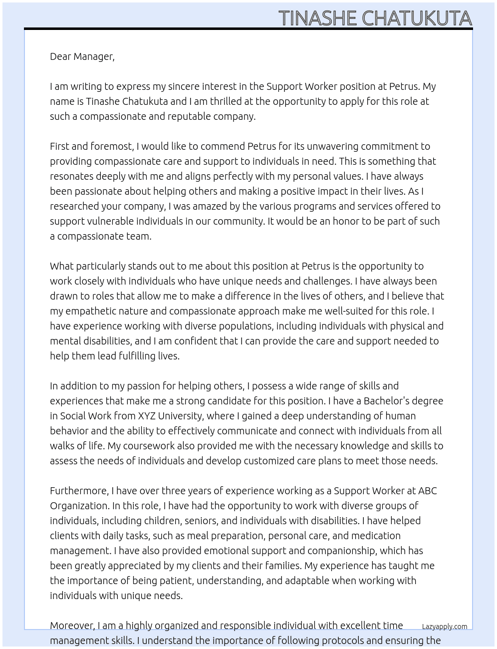 Support worker At Petrus Cover Letter