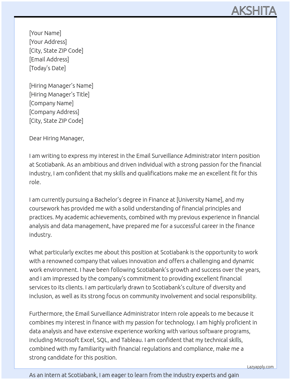 Email Surveillance Administrator Intern At Scotiabank Cover Letter