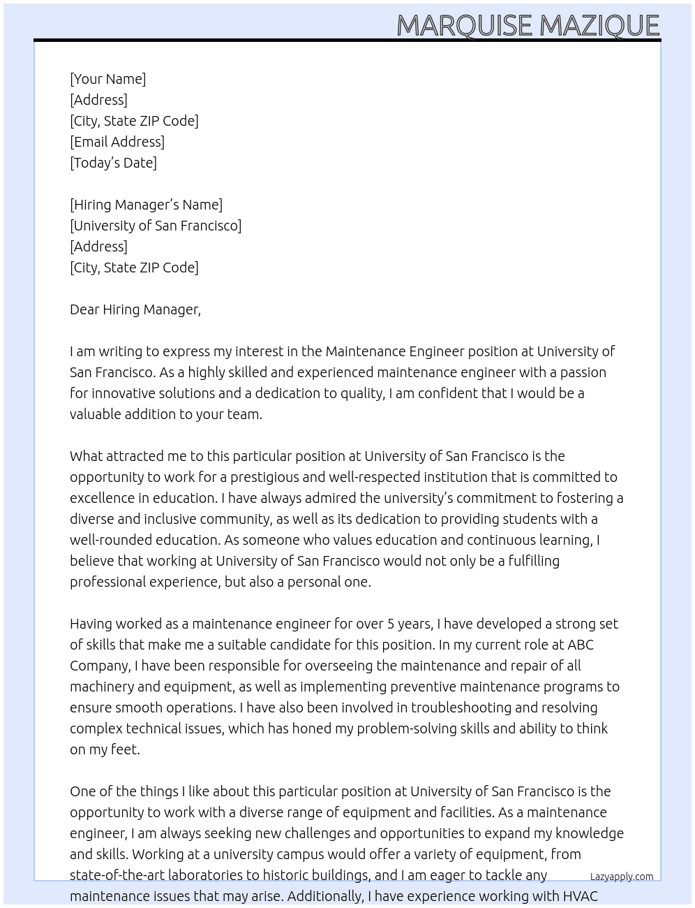 Maintenance Engineer  At University of San Francisco  Cover Letter
