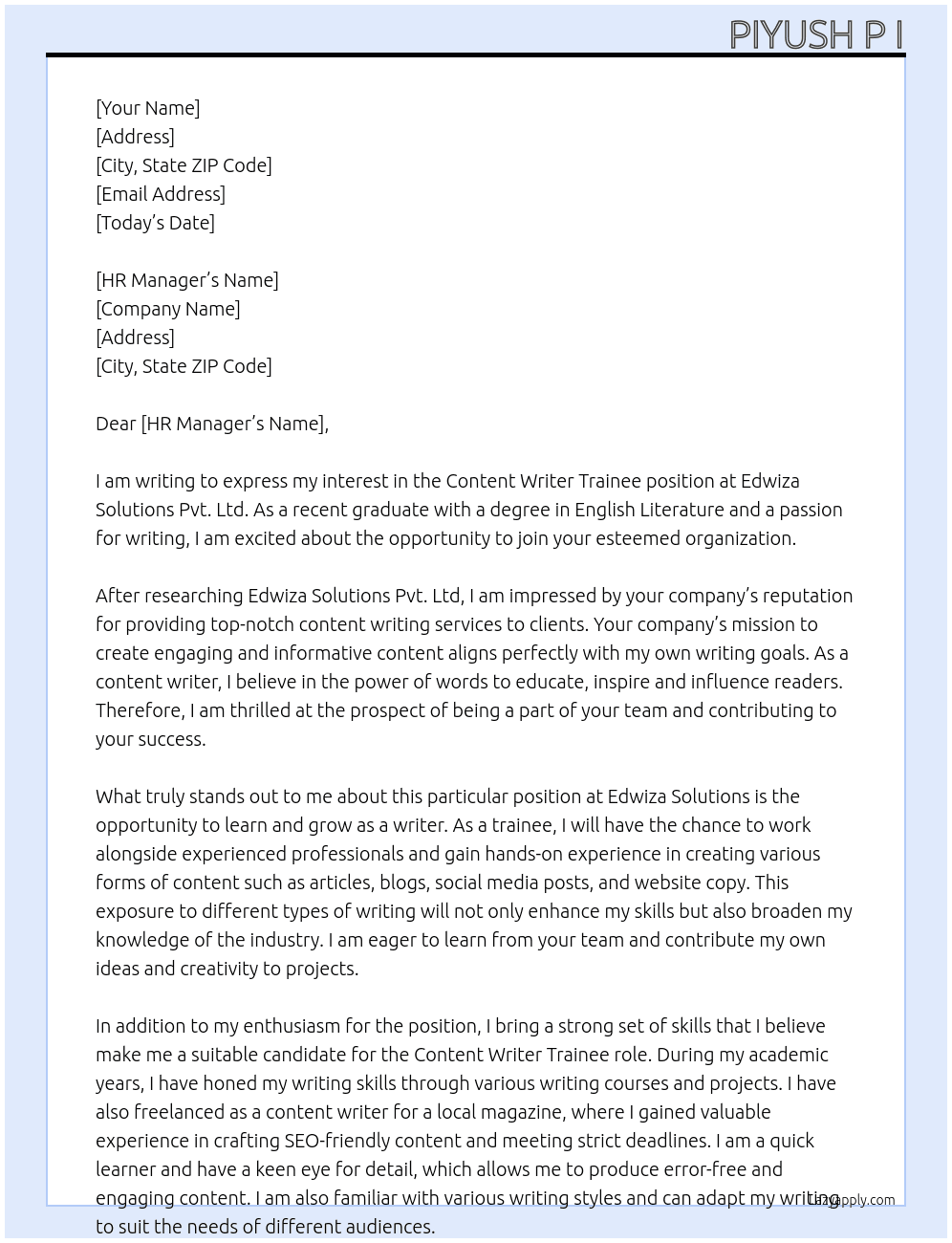 Content Writer Trainee At Edwiza Solutions Pvt. Ltd Cover Letter