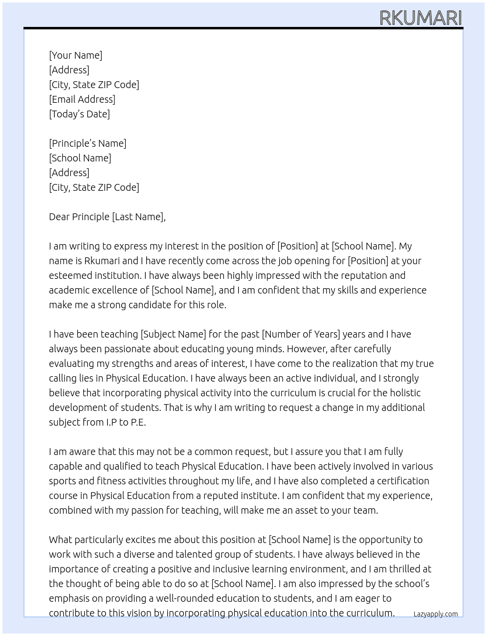 School At Request for changing additional subject from I.P to p.ed Cover Letter