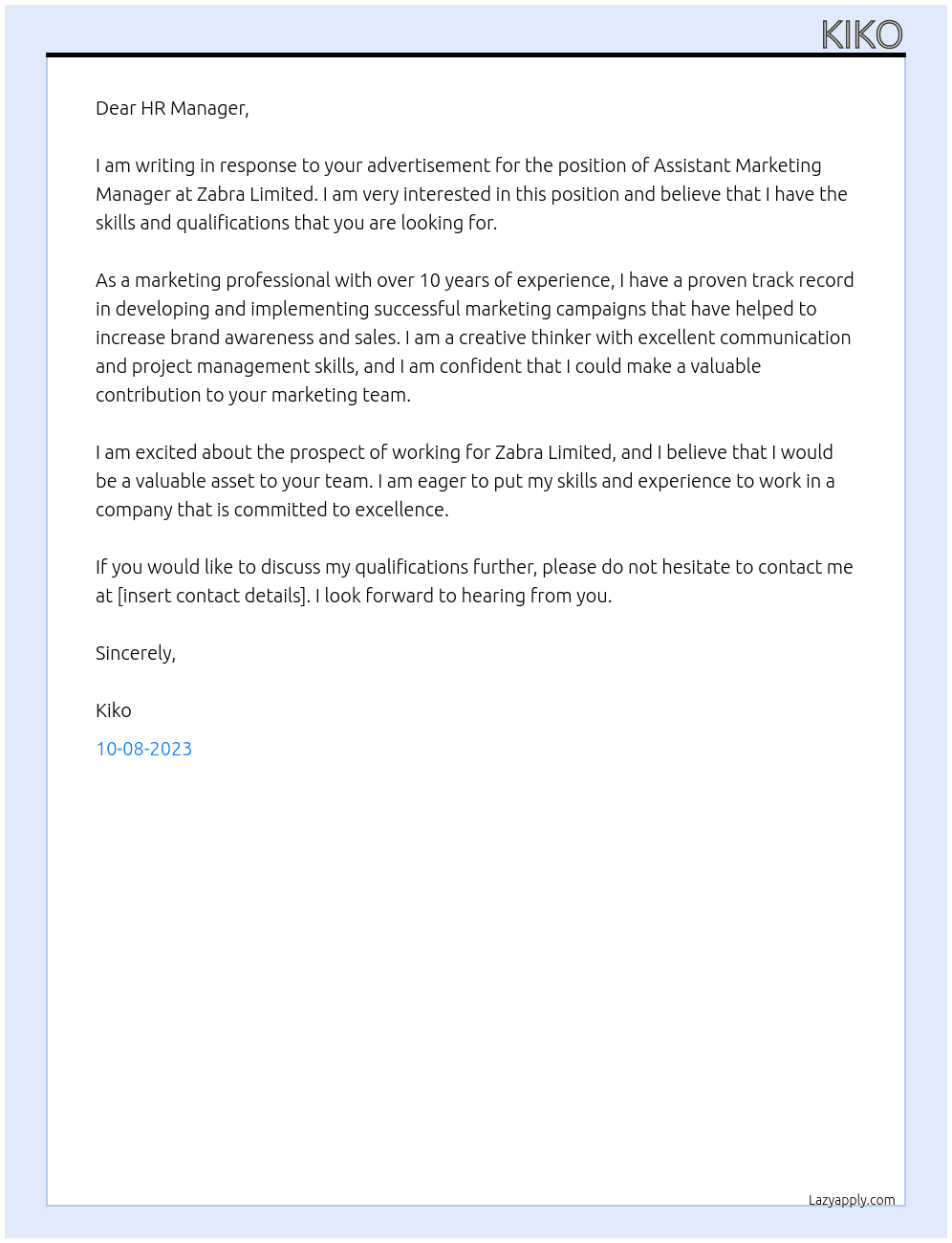 Assistant Marketing Manager At Zabra Limited Cover Letter