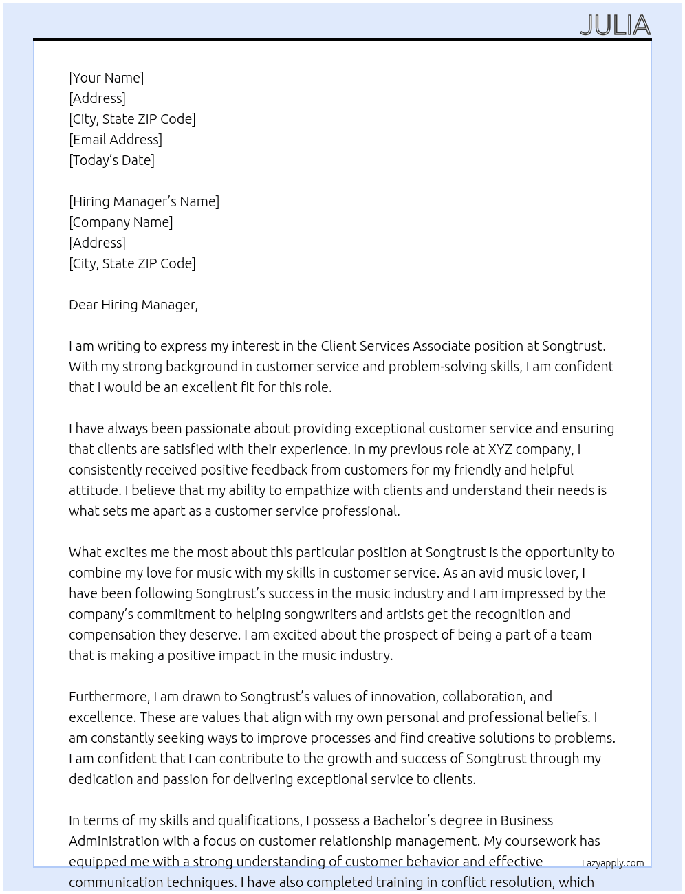 Client Services Associate At Songtrust Cover Letter