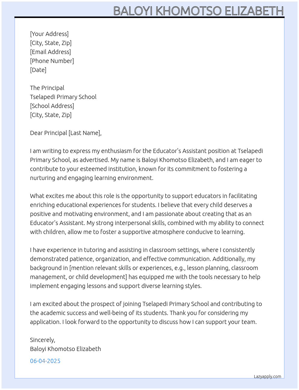 Cover letter for educator's assisstance - LazyApply