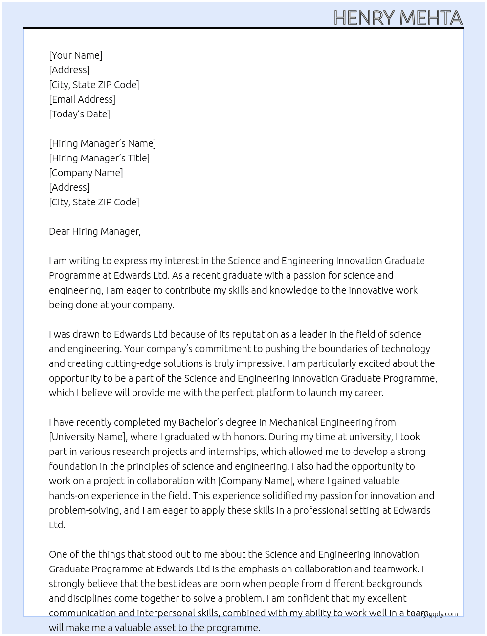 Science and Engineering Innovation Graduate Programme At Edwards Ltd Cover Letter