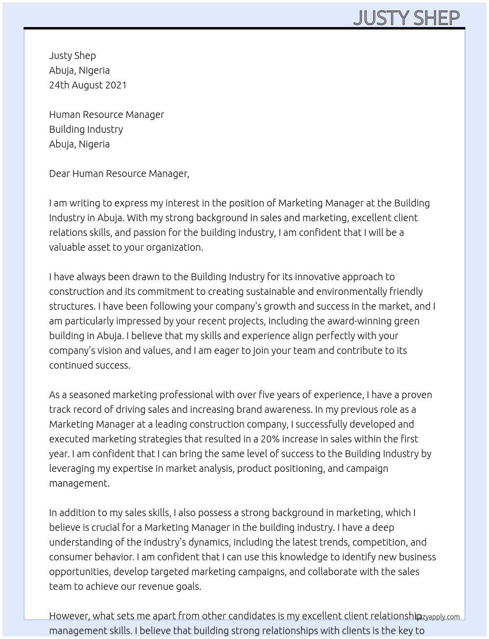 Marketing Manager  At Building Industry Cover Letter