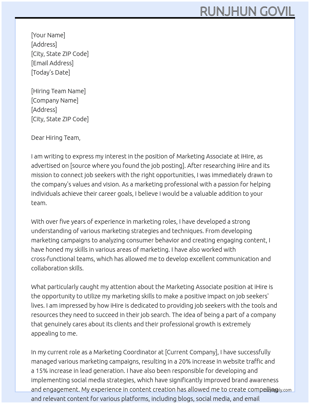 Marketing Associate At iHire Cover Letter