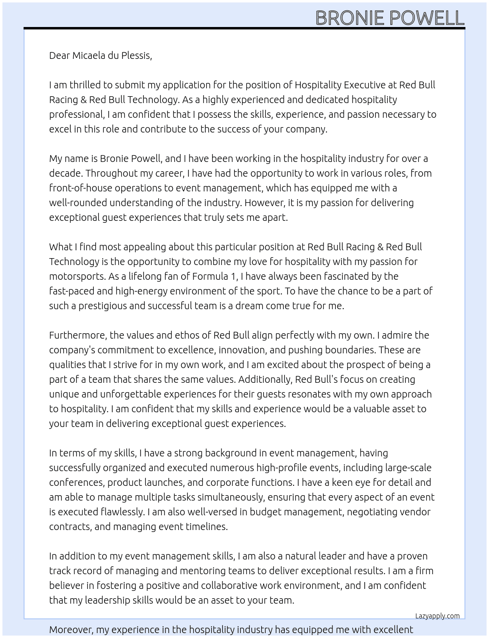 Hospitality Executive  At Red Bull Racing & Red Bull Technology  Cover Letter