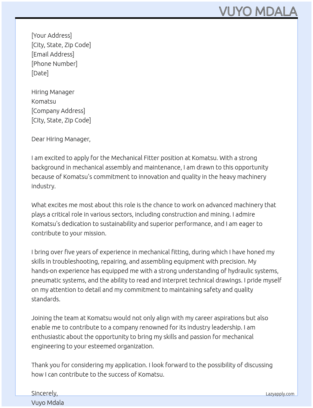 Mechanical Fitter  At Komatsu Cover Letter
