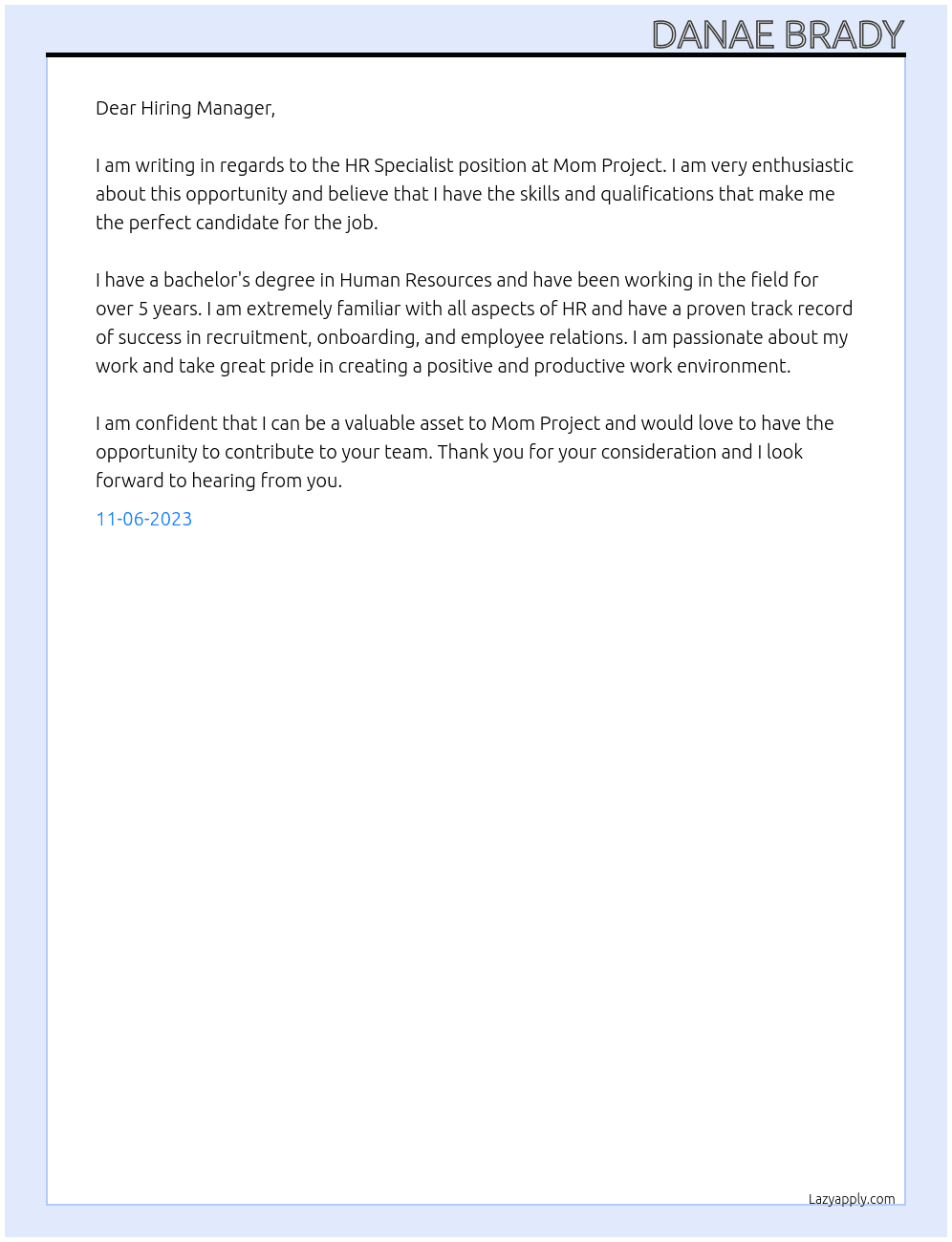 HR Specialist At Mom Project Cover Letter