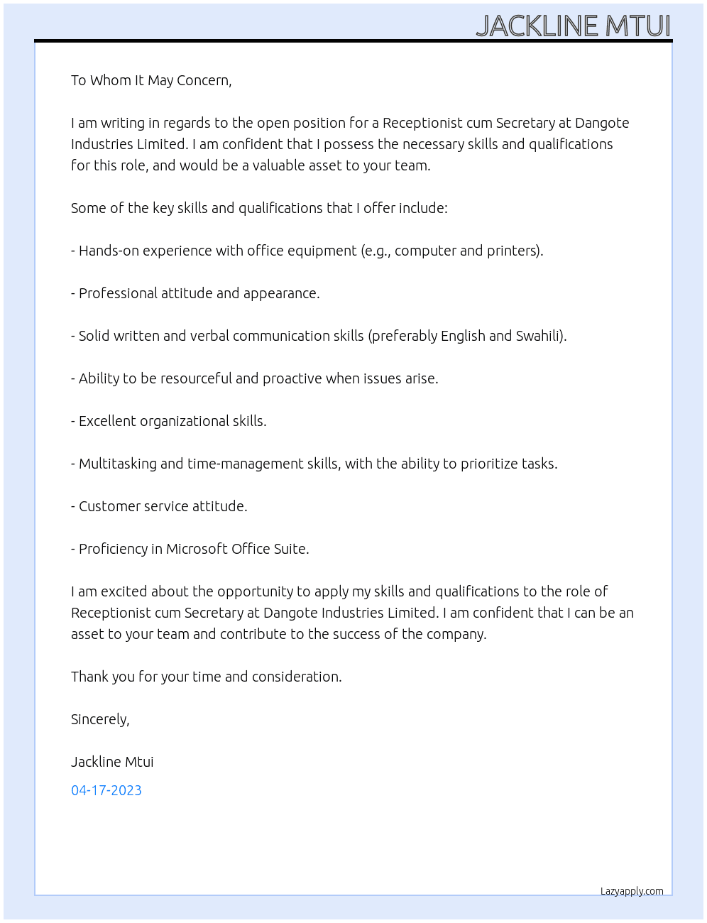 Receptionist cum secretary At Dangote Industries Limited Cover Letter