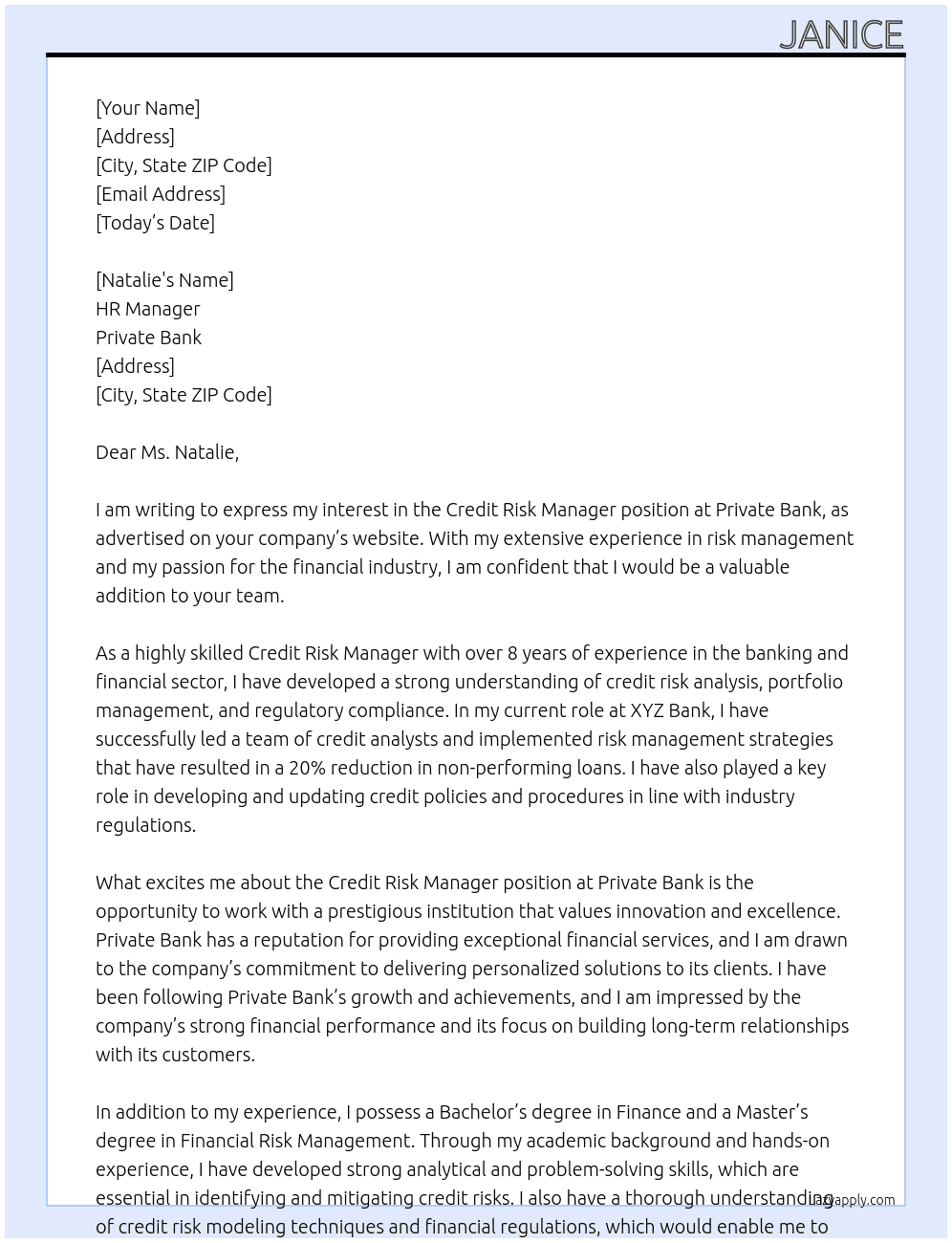 Credit Risk Manager At Private Bank Cover Letter