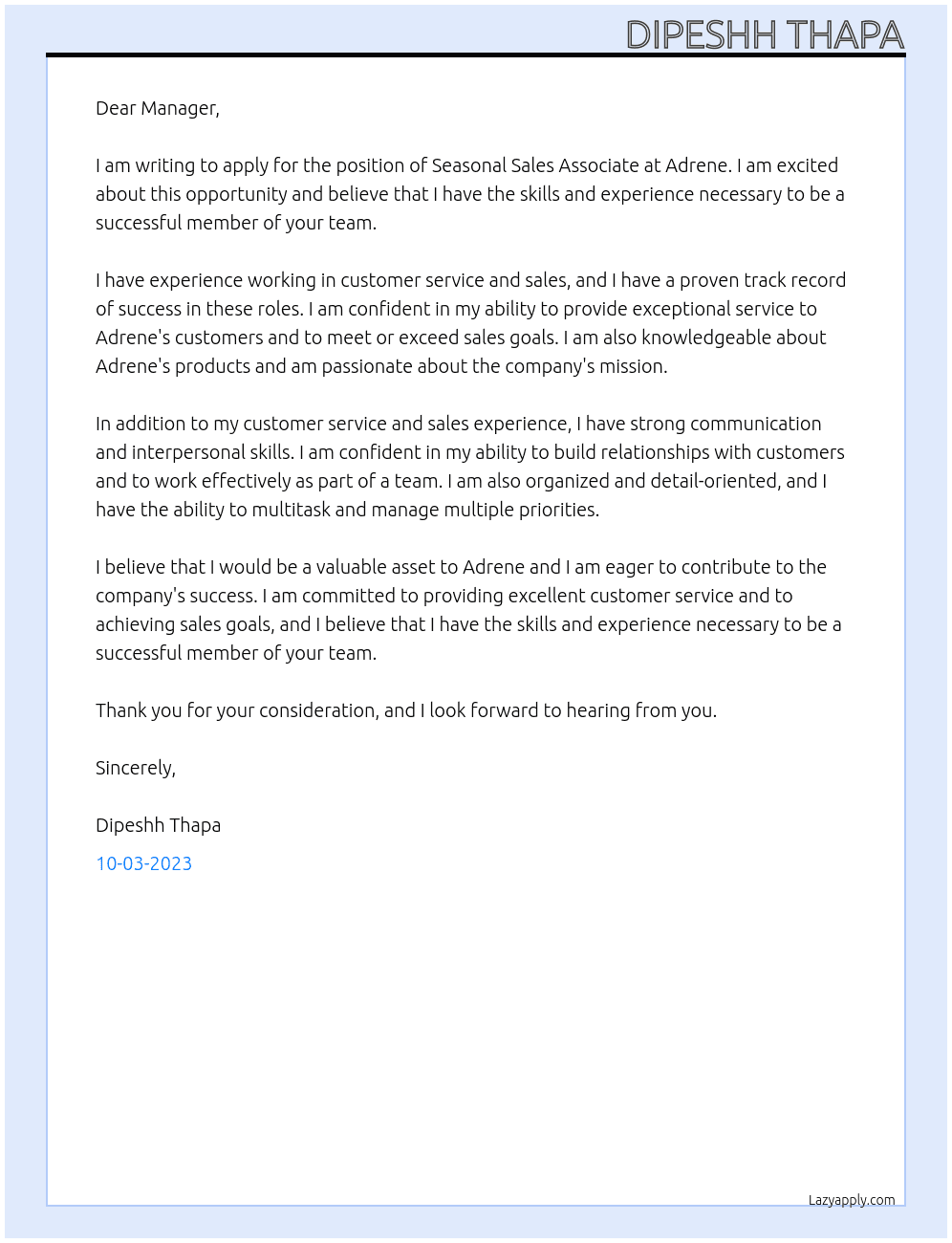 Seasonal Sales Associate At Adrene Cover Letter