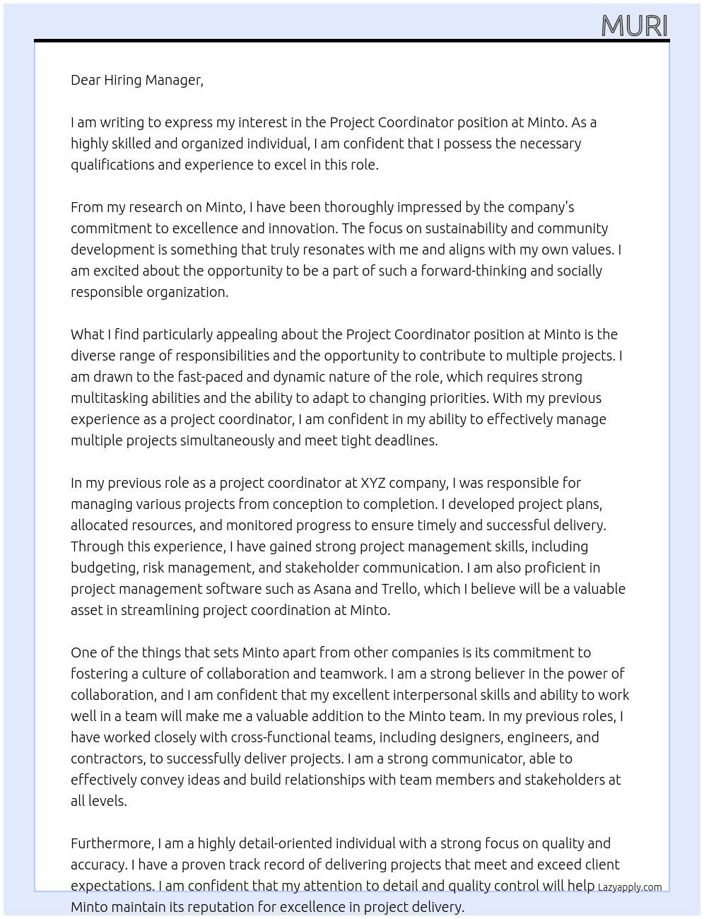Project Coordinator At Minto Cover Letter