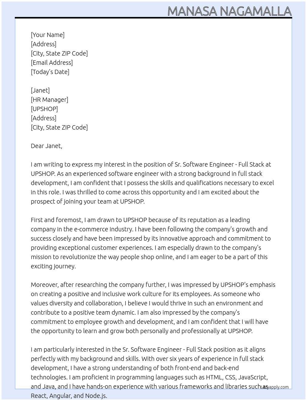 Sr. Software Engineer - Full Stack  At UPSHOP Cover Letter
