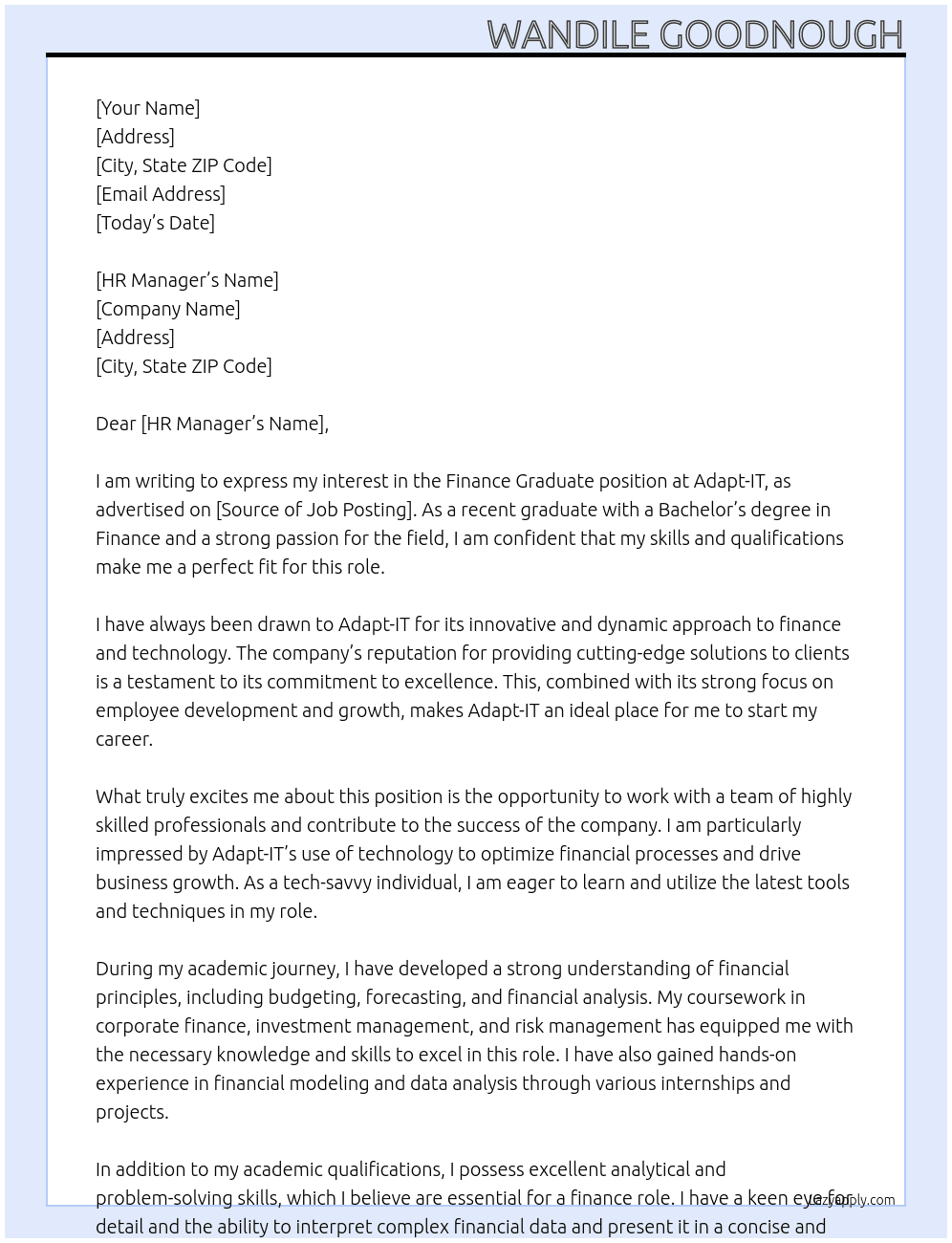 YES - FINANCE GRADUATE At Adapt-IT Cover Letter